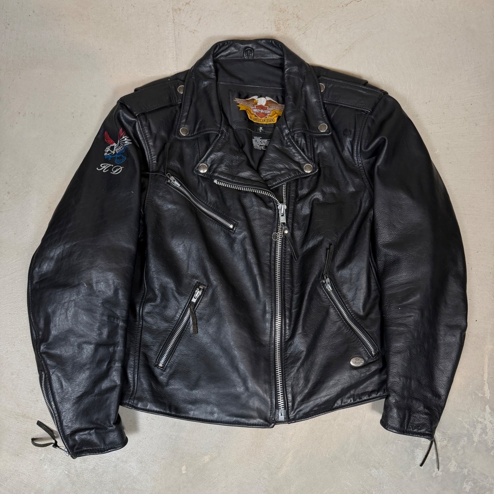 Harley-Davidson Womens Black Leather Biker Jacket Eagle Embroidery Large USA